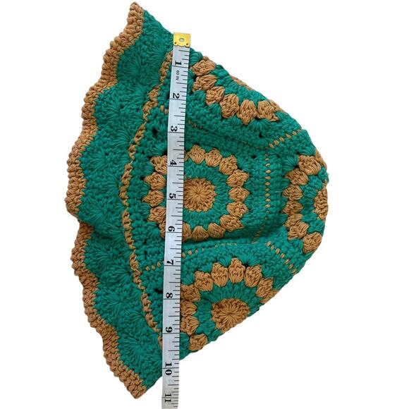 Handmade Crocheted Floral Scalloped Fisherman Hat Teal Brown Children Kids Size - Picture 3 of 4